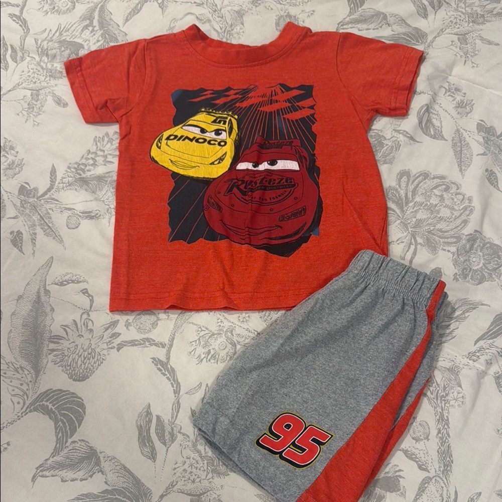 Red Cars Graphic T-Shirt and Gray Shorts Set